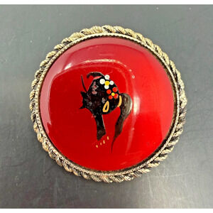 Vintage Hand Painted Red Cabochon Lady Silhouette Brooch Rope Frame